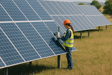 a woman working on solar equpment as a job from about 50 yeards away