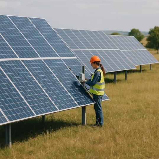 a woman working on solar equpment as a job from about 50 yeards away